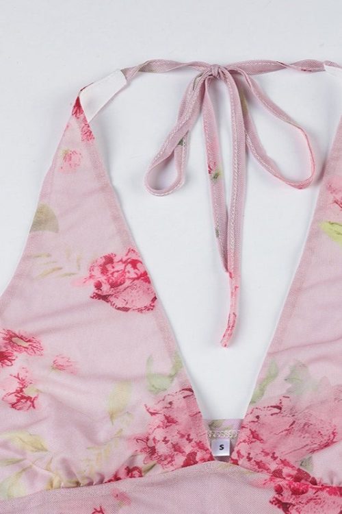 Romantic Sexy V Neck Mesh Floral Print Irregular Ruffle Halter Top for Romantic Sexy V Neck Mesh Floral Print Irregular Ruffle Halter Top