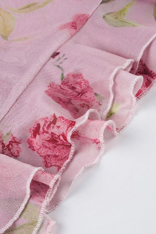 Romantic Sexy V Neck Mesh Floral Print Irregular Ruffle Halter Top for Romantic Sexy V Neck Mesh Floral Print Irregular Ruffle Halter Top