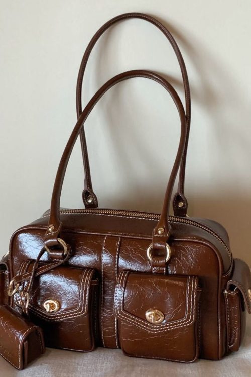 Statement Beautiful Brown Pockets Faux Leather Tote Handbag for Statement Beautiful Brown Pockets Faux Leather Tote Handbag