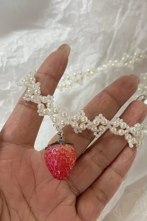 Statement Coquette Strawberry Pearl Beaded Necklace for Statement Coquette Strawberry Pearl Beaded Necklace