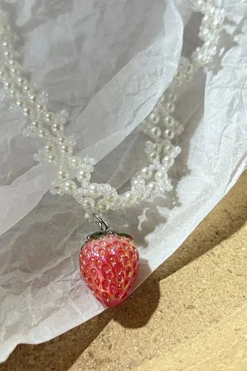 Statement Coquette Strawberry Pearl Beaded Necklace for Statement Coquette Strawberry Pearl Beaded Necklace
