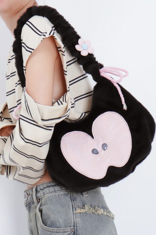 Statement Cute Black Apple Patchwork Fuzzy Fur Fluffy Shoulder Bags for Statement Cute Black Apple Patchwork Fuzzy Fur Fluffy Shoulder Bags