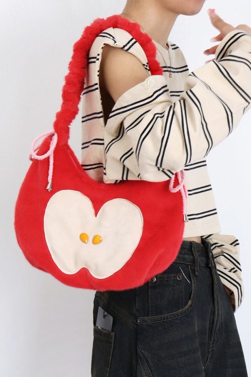 Statement Cute Black Apple Patchwork Fuzzy Fur Fluffy Shoulder Bags for Statement Cute Black Apple Patchwork Fuzzy Fur Fluffy Shoulder Bags