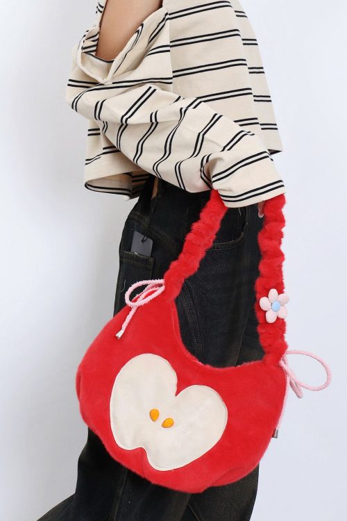 Statement Cute Black Apple Patchwork Fuzzy Fur Fluffy Shoulder Bags for Statement Cute Black Apple Patchwork Fuzzy Fur Fluffy Shoulder Bags