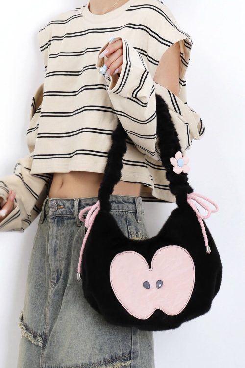 Statement Cute Black Apple Patchwork Fuzzy Fur Fluffy Shoulder Bags for Statement Cute Black Apple Patchwork Fuzzy Fur Fluffy Shoulder Bags
