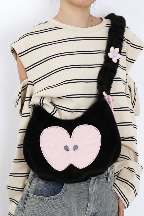Statement Cute Black Apple Patchwork Fuzzy Fur Fluffy Shoulder Bags for Statement Cute Black Apple Patchwork Fuzzy Fur Fluffy Shoulder Bags