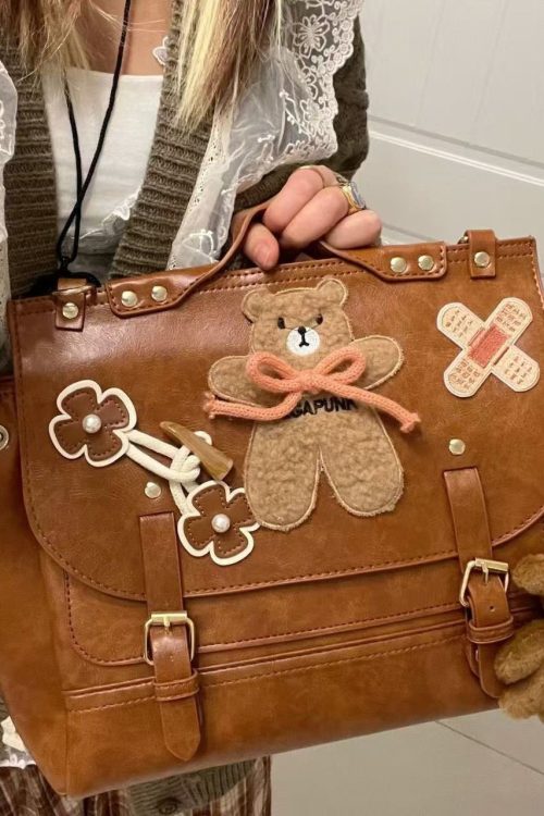 Statement Cute Brown Bear Appliqued Faux Leather Backpack Bag for Statement Cute Brown Bear Appliqued Faux Leather Backpack Bag
