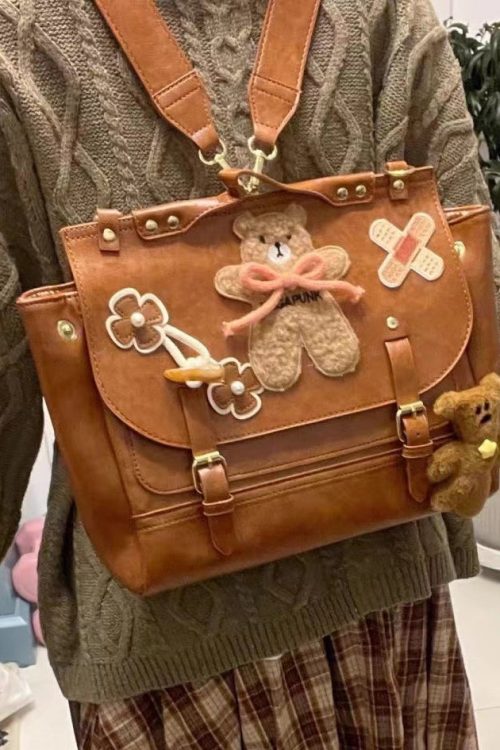 Statement Cute Brown Bear Appliqued Faux Leather Backpack Bag for Statement Cute Brown Bear Appliqued Faux Leather Backpack Bag
