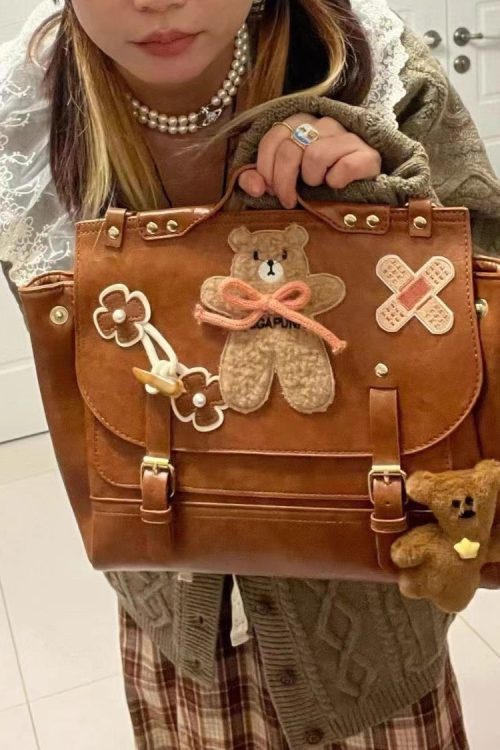 Statement Cute Brown Bear Appliqued Faux Leather Backpack Bag for Statement Cute Brown Bear Appliqued Faux Leather Backpack Bag