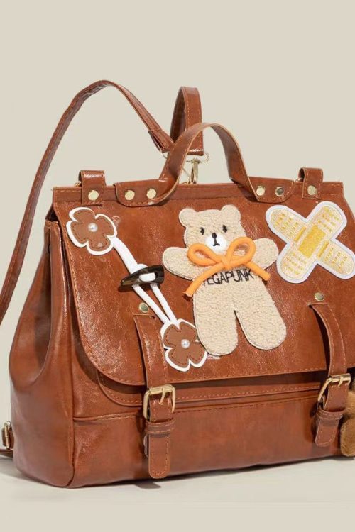 Statement Cute Brown Bear Appliqued Faux Leather Backpack Bag for Statement Cute Brown Bear Appliqued Faux Leather Backpack Bag