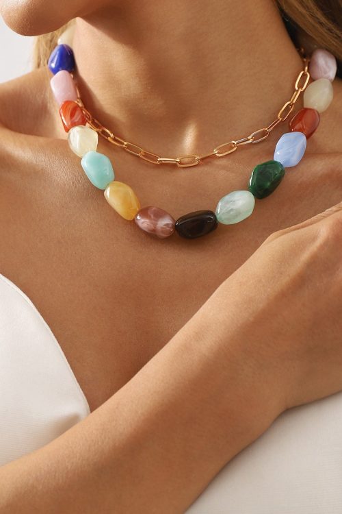 Statement Fashion Rainbow Alloy Resin Beading Double Layer Graduated Bead Necklace for Statement Fashion Rainbow Alloy Resin Beading Double Layer Graduated Bead Necklace