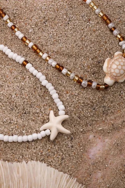 Statement Starfish Turtle Beaded Two Pack Necklace Set for Statement Starfish Turtle Beaded Two Pack Necklace Set