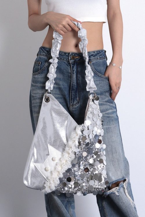 Statement Stylish Silvery Sequins Patchwork Large Shoulder Bags for Statement Stylish Silvery Sequins Patchwork Large Shoulder Bags