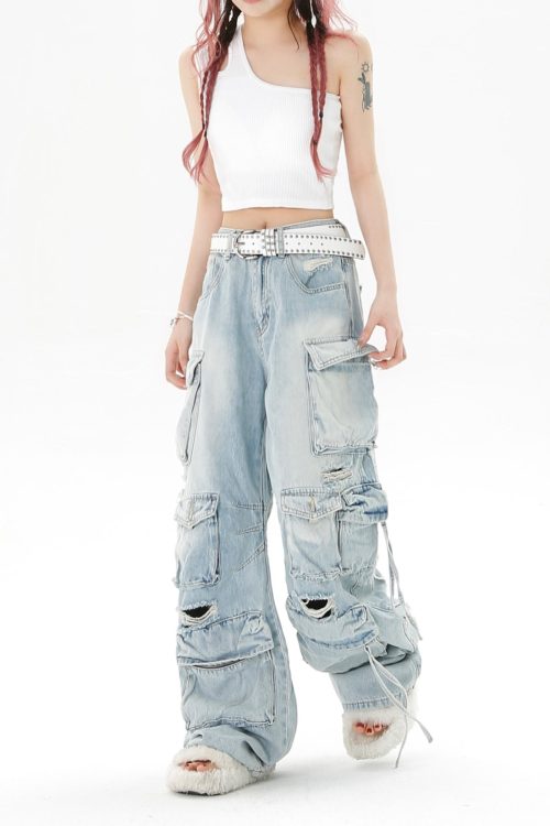 Streetwear Denim Washed Blue High-Waist Straight Leg Multi-Pocket Distressed Jeans Cargo Pants for Streetwear Denim Washed Blue High-Waist Straight Leg Multi-Pocket Distressed Jeans Cargo Pants
