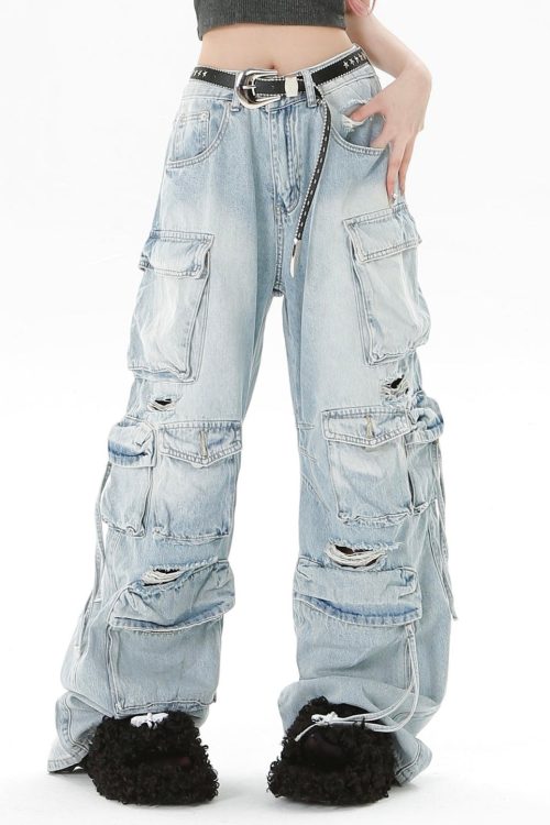 Streetwear Denim Washed Blue High-Waist Straight Leg Multi-Pocket Distressed Jeans Cargo Pants for Streetwear Denim Washed Blue High-Waist Straight Leg Multi-Pocket Distressed Jeans Cargo Pants