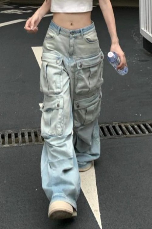 Washed Denim Blue Multi-Pocket High-Waist Straight Leg Cargo Jeans Pants for Washed Denim Blue Multi-Pocket High-Waist Straight Leg Cargo Jeans Pants