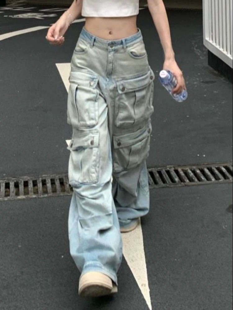 Washed Denim Blue Multi-Pocket High-Waist Straight Leg Cargo Jeans Pants for Washed Denim Blue Multi-Pocket High-Waist Straight Leg Cargo Jeans Pants Washed Denim Blue Multi-Pocket High-Waist Straight Leg Cargo Jeans Pants for Washed Denim Blue Multi-Pocket High-Waist Straight Leg Cargo Jeans Pants