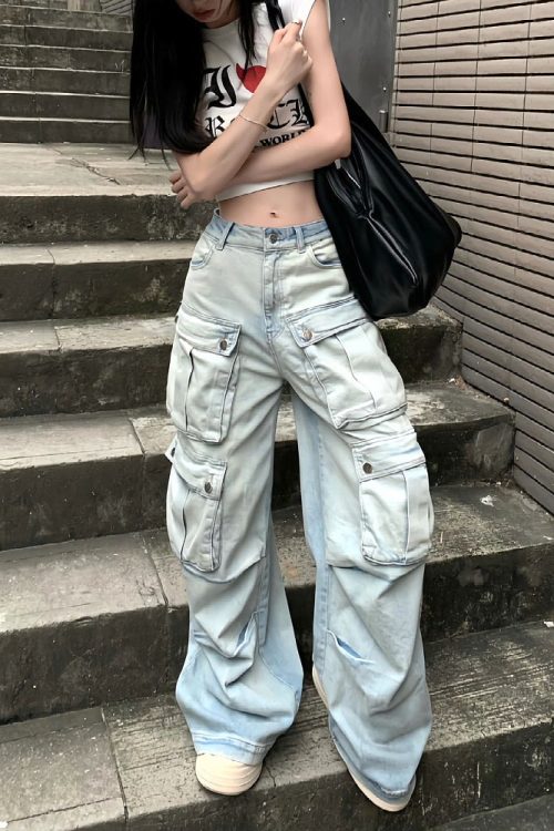 Washed Denim Blue Multi-Pocket High-Waist Straight Leg Cargo Jeans Pants for Washed Denim Blue Multi-Pocket High-Waist Straight Leg Cargo Jeans Pants