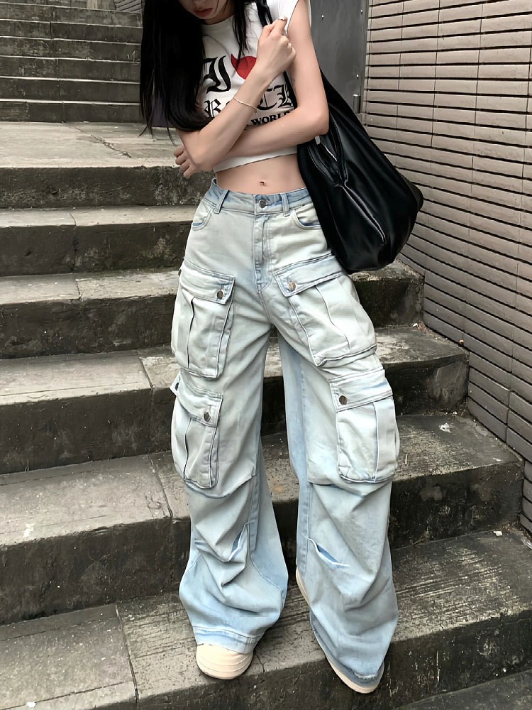 Washed Denim Blue Multi-Pocket High-Waist Straight Leg Cargo Jeans Pants for Washed Denim Blue Multi-Pocket High-Waist Straight Leg Cargo Jeans Pants Washed Denim Blue Multi-Pocket High-Waist Straight Leg Cargo Jeans Pants for Washed Denim Blue Multi-Pocket High-Waist Straight Leg Cargo Jeans Pants