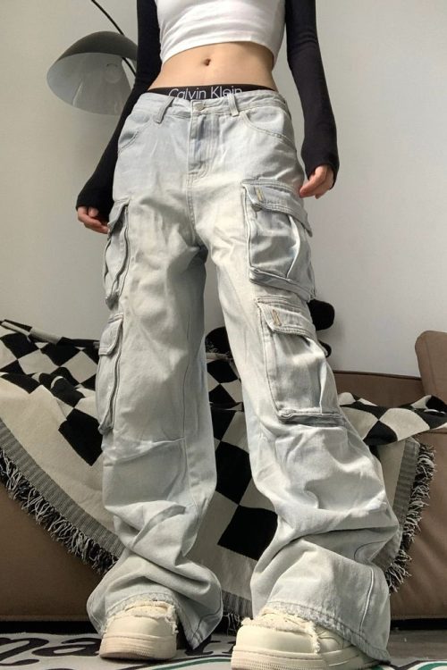 Washed Denim Blue Multi-Pocket Low-Rise Straight Leg Cargo Jeans Pants for Washed Denim Blue Multi-Pocket Low-Rise Straight Leg Cargo Jeans Pants