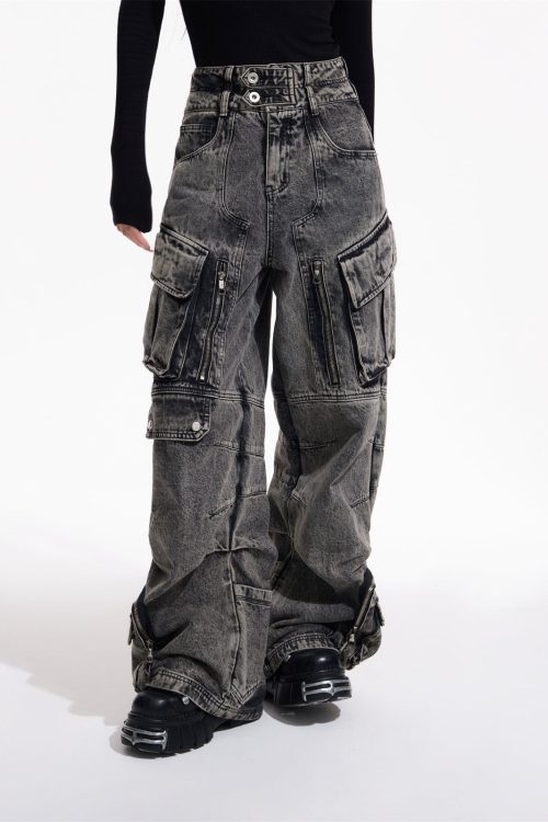 Washed Denim High-Waist Multi-Pocket Straight Leg Baggy Cargo Jeans Pants for Washed Denim High-Waist Multi-Pocket Straight Leg Baggy Cargo Jeans Pants