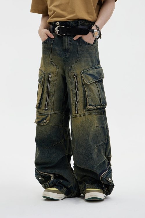 Washed Denim High-Waist Multi-Pocket Straight Leg Baggy Cargo Jeans Pants for Washed Denim High-Waist Multi-Pocket Straight Leg Baggy Cargo Jeans Pants