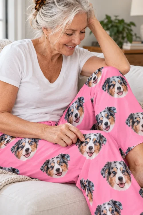 Silver-haired woman on a cream sofa tracing a printed face on her pink Australian shepherd pajama pants