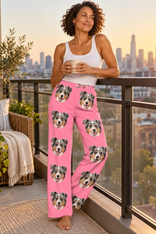 Woman holding a mug on a city balcony at sunset, in pink pajama pants printed with Australian shepherd faces