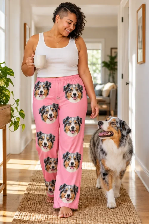 Woman with a coffee mug walking a sunny hallway beside her Australian shepherd, in pink pajama pants with its face