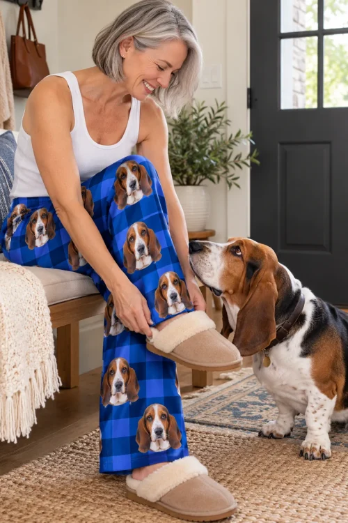 Woman slipping on a shearling slipper in blue plaid pajama pants while her basset hound sniffs her foot in the entryway