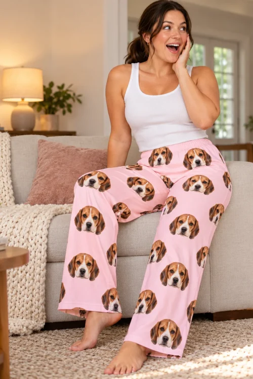 Woman on the sofa with a delighted look, in blush pink pajama pants printed with beagle faces