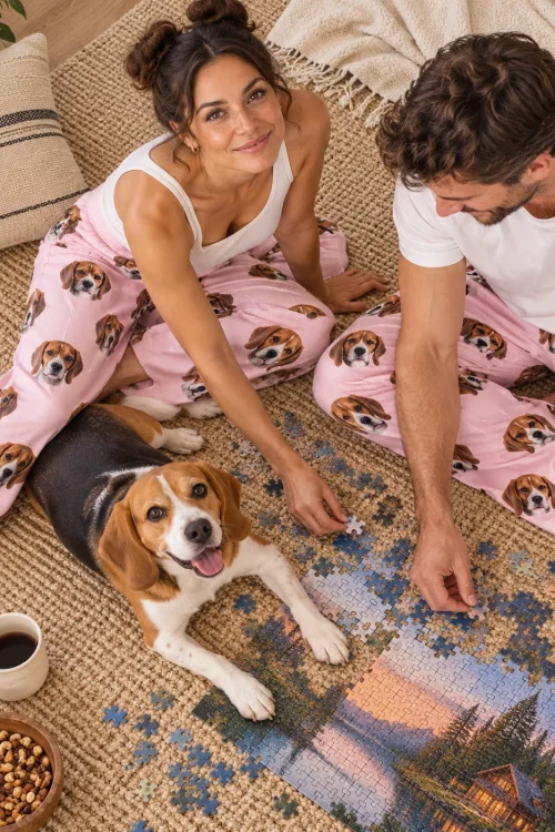 Couple doing a jigsaw puzzle on a jute rug in blush pink beagle pajama pants, their beagle lying in front