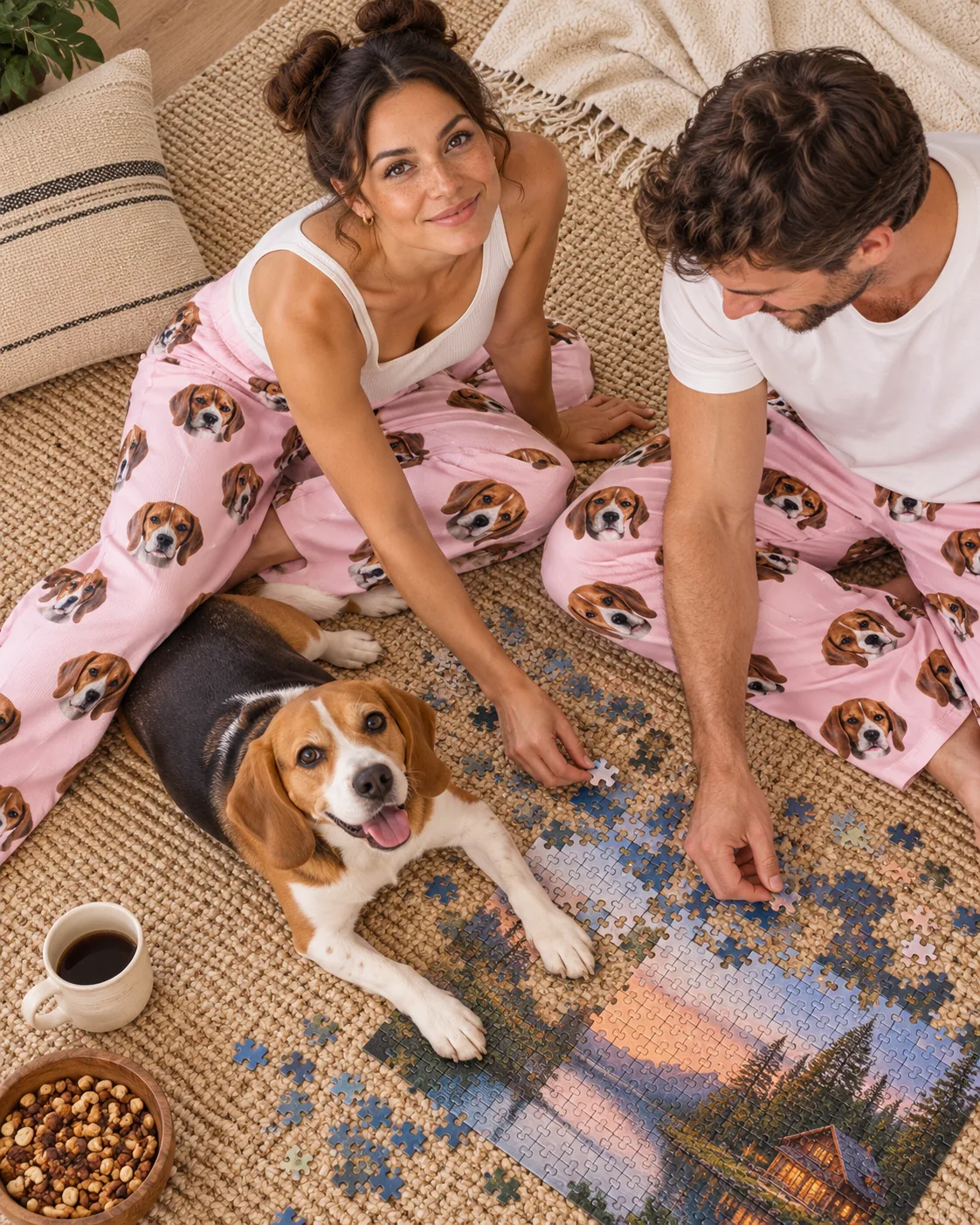 Custom Beagle Pajama Pants for Women — blush pink family | GenzOutfit Couple doing a jigsaw puzzle on a jute rug in blush pink beagle pajama pants, their beagle lying in front