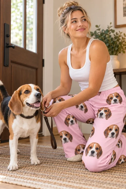 Woman in blush pink beagle pajama pants crouching to clip the leash on her beagle by the front door