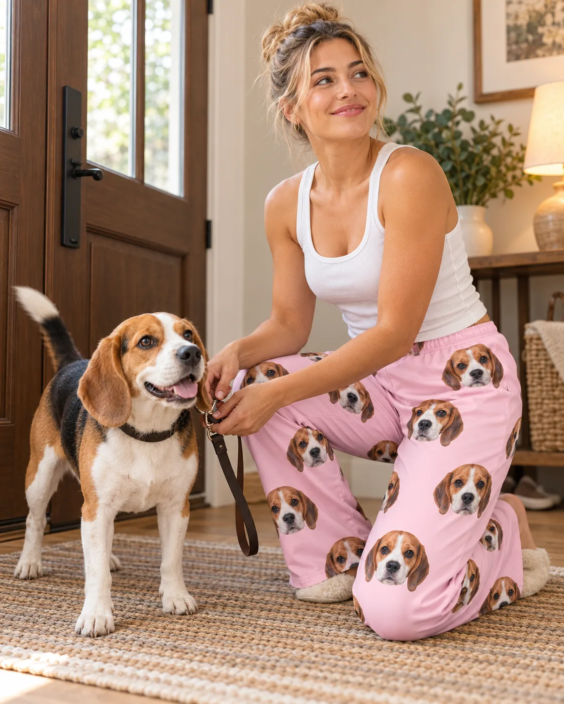 Custom Beagle Pajama Pants for Women — blush pink with pet | GenzOutfit Woman in blush pink beagle pajama pants crouching to clip the leash on her beagle by the front door