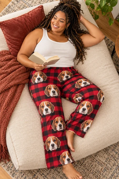 Woman reading on a big floor cushion in red plaid beagle pajamas, seen from above with a candle and coffee