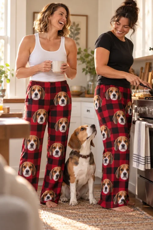 Two friends laughing in a kitchen in red plaid beagle pajama pants while their beagle begs for breakfast