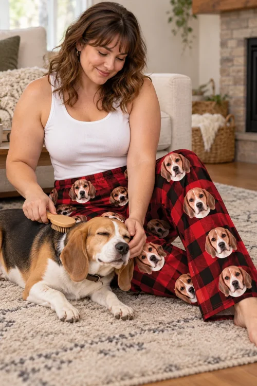 Woman brushing her sleepy beagle on the living room rug in red plaid beagle pajama pants near the fireplace