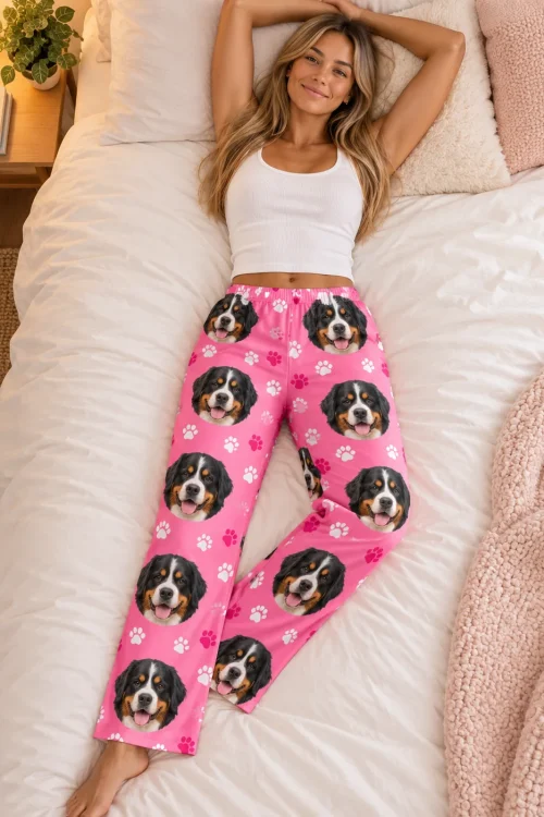 Woman lying back on a white bed, smiling, in pink paws pajama pants covered in Bernese mountain dog faces