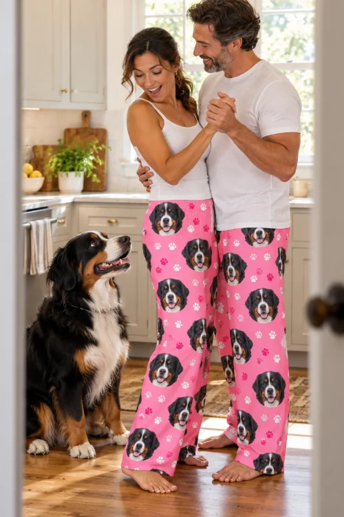 Couple slow dancing in a sunny kitchen in pink paws Bernese pajama pants while their Bernese watches from the floor