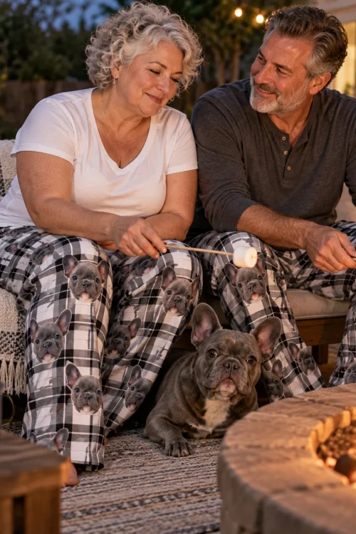 Couple toasting marshmallows at a fire pit in black and white plaid pajama pants, French bulldog nearby