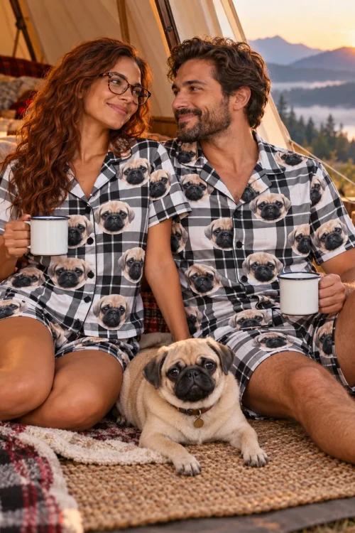 Couple with mugs and their pug at a mountain campsite in black and white plaid pajama shorts sets