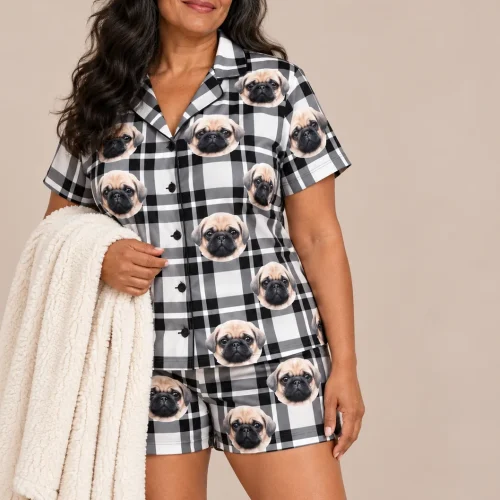 Black and White Plaid Pajama Shorts Set with Your Pet's Face