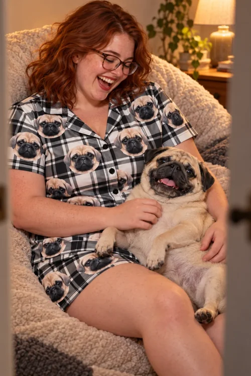 Laughing woman in glasses in an armchair with her pug, wearing black and white plaid pajama shorts