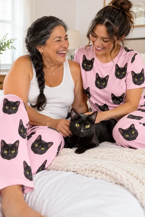 Two women laughing and petting a black cat on a bed, in matching blush pink black cat pajamas