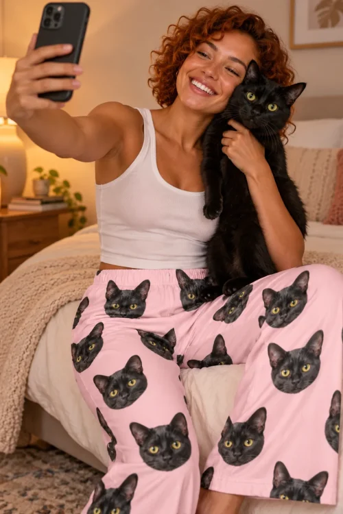 Woman taking a selfie on her bed with her black cat, wearing blush pink black cat pajama pants