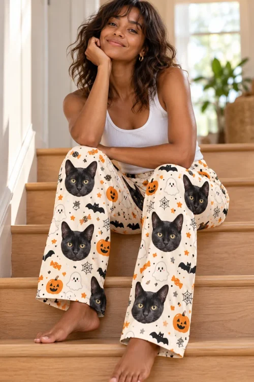Woman smiling on wooden stairs in Halloween cream black cat pajamas with ghosts, bats and pumpkins