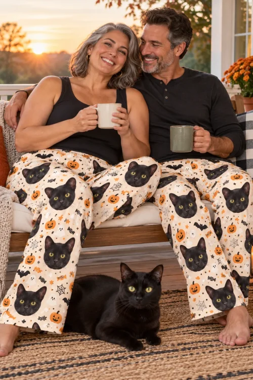 Couple on a porch swing at sunset with mugs and a black cat at their feet, in Halloween cream cat pajamas