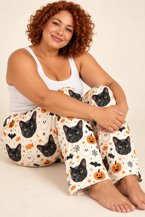 Woman with red curly hair sitting on a cream studio floor hugging her knees in Halloween cream black cat pajamas
