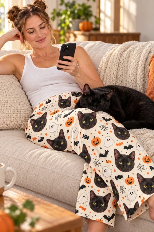 Woman relaxing on a sofa with her sleeping black cat in Halloween cream black cat pajamas with pumpkins and ghosts